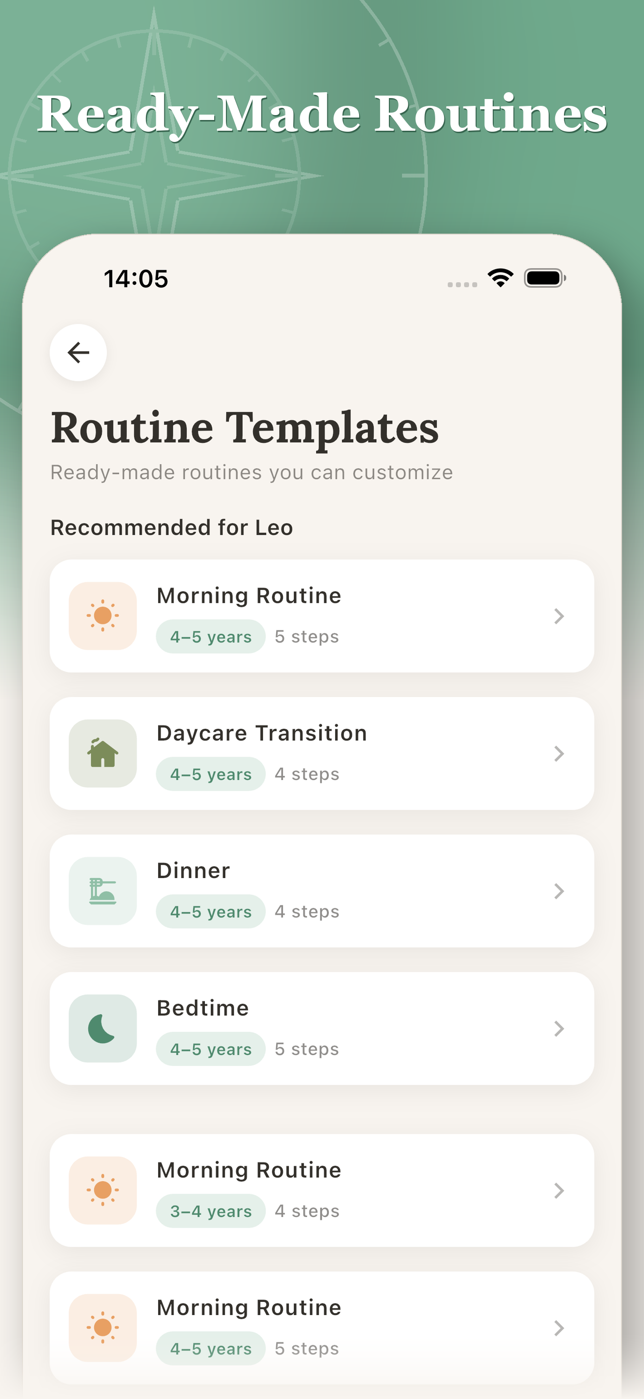 Kin Compass routine templates screen with morning, daycare, dinner, and bedtime routines
