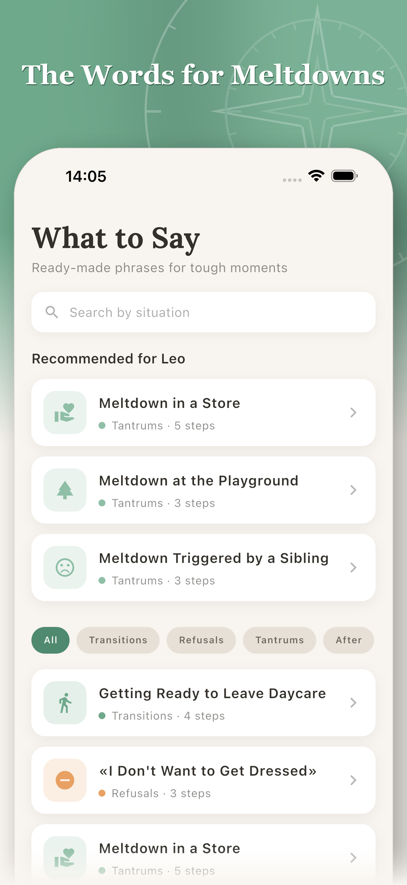Kin Compass what to say screen with communication scripts for meltdowns