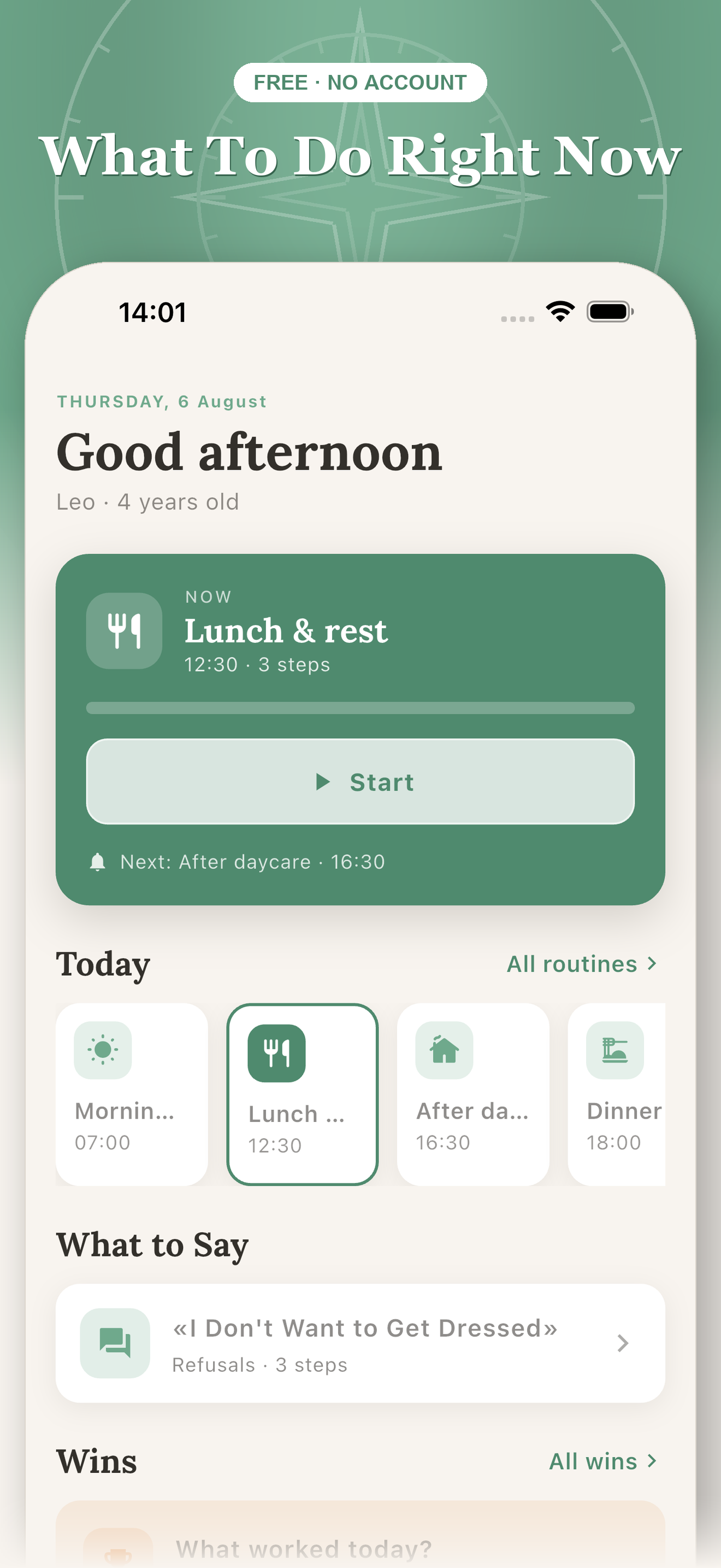 Kin Compass today dashboard showing the current routine and next steps